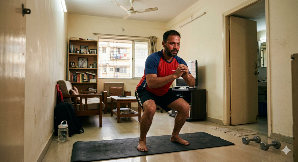 ghar par workout karte hue